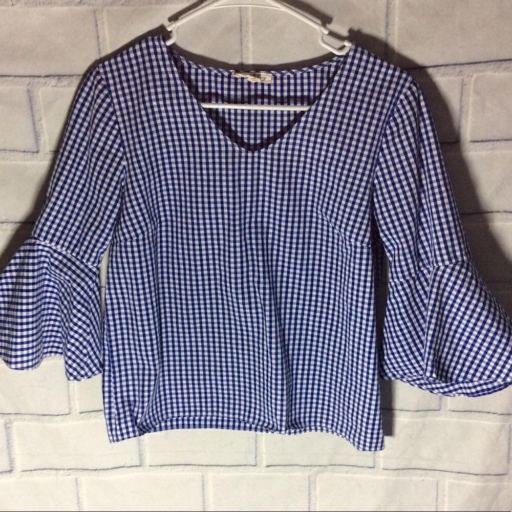 Jane and Delancey Blue White Gingham top SZ S